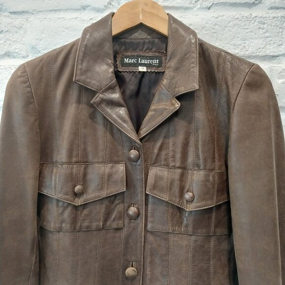MARC LAURENT Italy Leather Jacket Womens M 6 Chocolate Brown Vintage Blazer - Picture 6 of 12